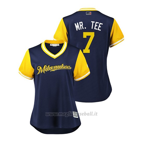 Maglia Baseball Donna Milwaukee Brewers Eric Thames 2018 Llws Players Weekend Mr. Tee Blu